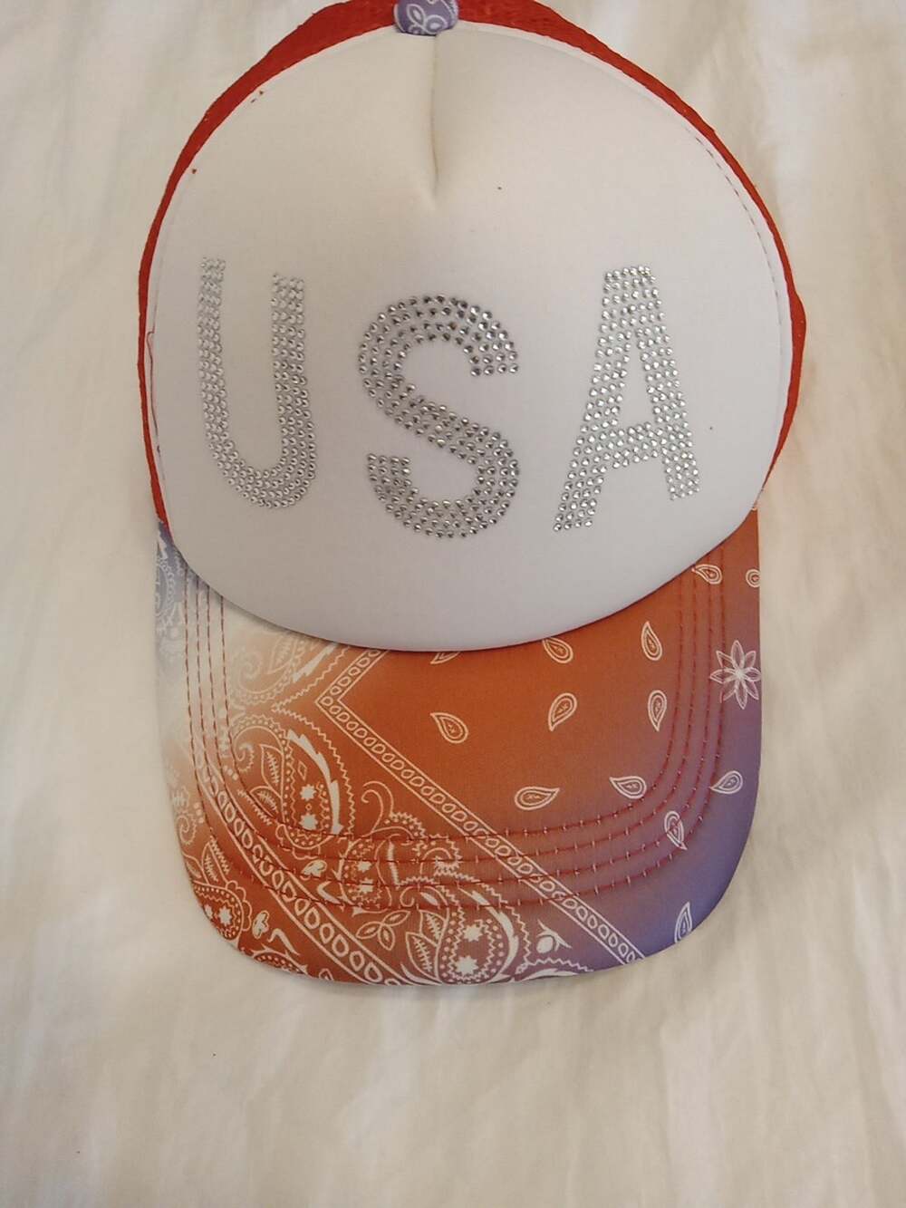 USA Boho Snapback Trucker Hat Cap W/ Rhinestones Like Bling Red Mesh. Athleisure